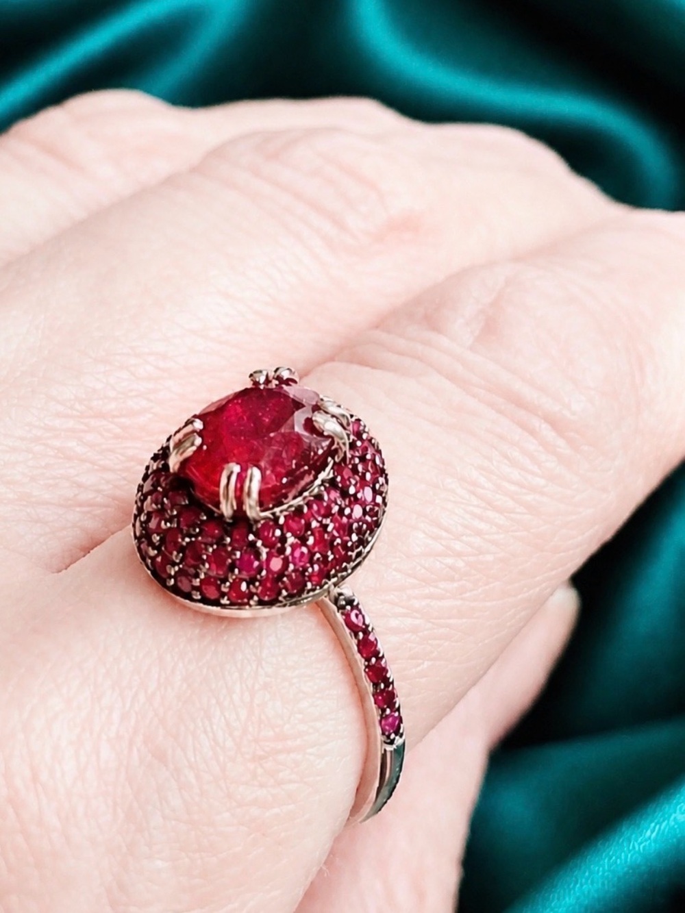 Stunning Ruby Solitaire, Pave Rubies with Rubies Down Shanks, Rhodium over S925.